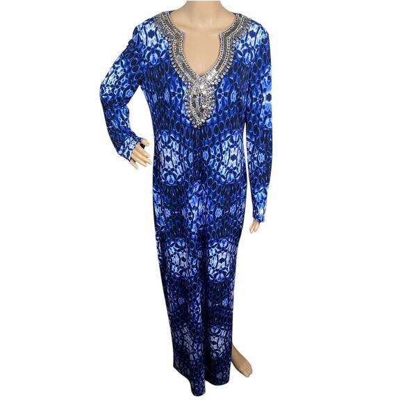 Muse for Boston Proper Blue Printed Embellished Boho Maxi Dress SZ M - Picture 1 of 8